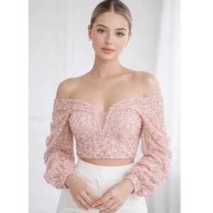 Babydoll Sequin Coquette Crop Top Pink Off Shoudler Sparkly Glitter Party NWT